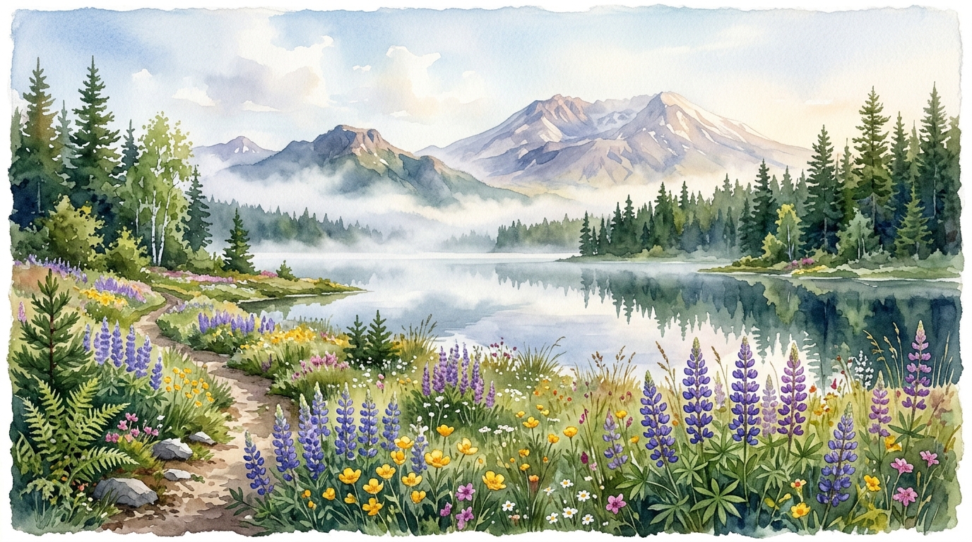 Meadow and pine forests leading to high mountains under clear PNW skies