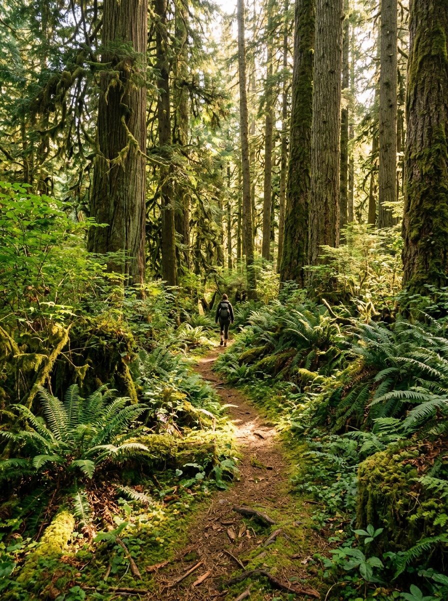 Sunlight filtering through mossy cedar trees in SW Washington