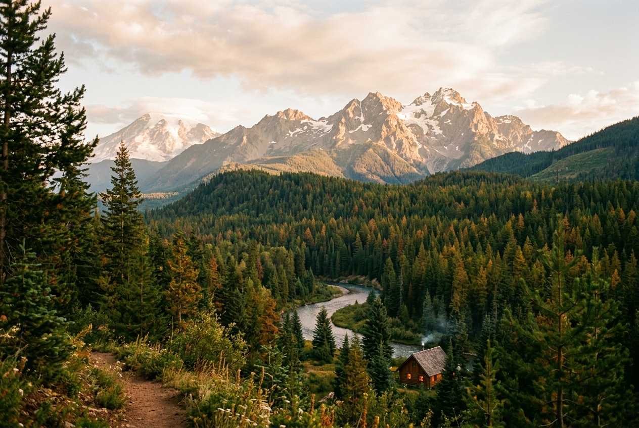 Cascade range mountain peaks rising above Washington pine forest